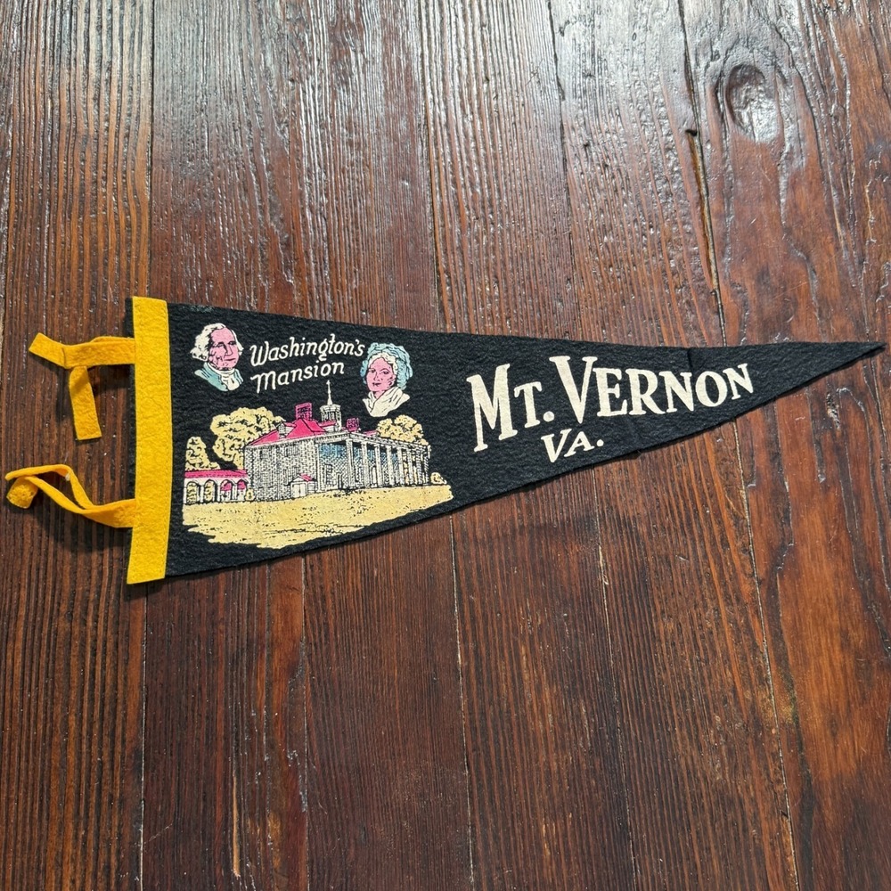 VTG 1960s Mt Vernon Virginia Felt Pennant Black George Washingtons Mansion